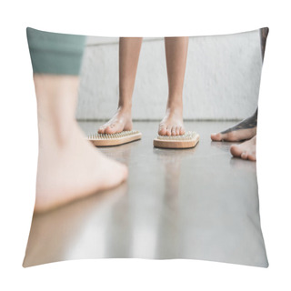 Personality  Cropped View Of Woman Standing On Sadhu Nail Board Near Tattooed Man In Yoga Studio  Pillow Covers