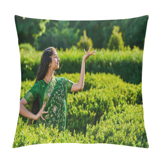 Personality  Side View Of Smiling And Stylish Indian Woman In Green Sari Posing Near Plants In Park Pillow Covers