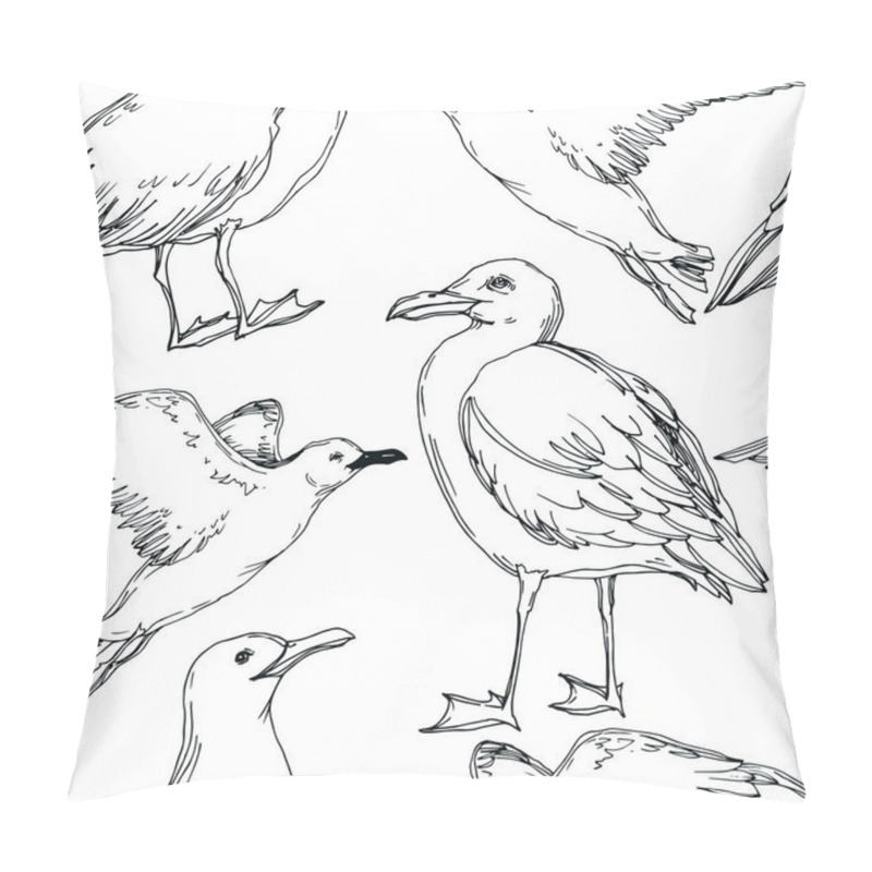 Personality  Vector Sky bird seagull in a wildlife isolated. Black and white engraved ink art. Seamless background pattern. pillow covers