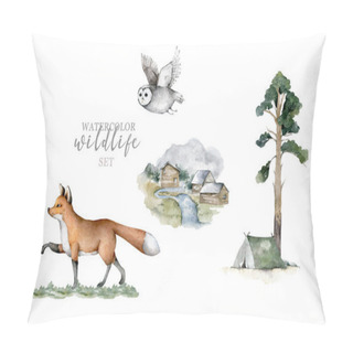 Personality  Forest Animals. Realistic Winter Cute Walking Wildlife Fox, Owl And Landscape With Tent Isolated Illustration On White Background. Vilage With Wildlife. Predator, Farm Pillow Covers