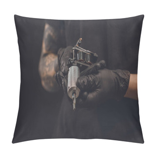 Personality  Male Hands In Gloves Holding Tattoo Machine Isolated On Black Pillow Covers