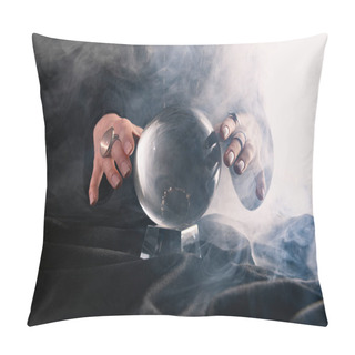 Personality  Partial View Of Female Hands Near Crystal Ball On Dark Background Pillow Covers