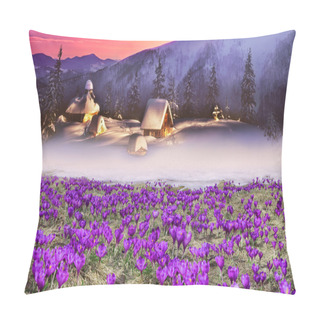 Personality  Flowers Crocuses And Houses In Mountains Pillow Covers