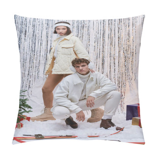 Personality  Interracial Models In Winter Clothes Posing Near Christmas Tree, Presents And Shiny Decor In Studio Pillow Covers