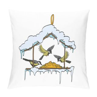 Personality  Birdfeeder In Winter Forest. Vector Pillow Covers