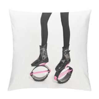 Personality  Fun Workout, Partial View Of Woman In Kangoo Jumping Shoes On White Background, Motivation Pillow Covers