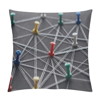 Personality  Push Pins Connected With Strings Isolated On Grey, Network Concept Pillow Covers