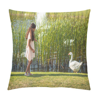 Personality  Girl Feeding Goose Near Lake Pillow Covers