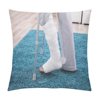 Personality  Man With Broken Leg Using Crutches For Walking On Blue Carpet Pillow Covers