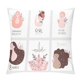 Personality  International Women's Day Cards Set. Vector Template With Illustration Of Beautiful Women And Girl Power Lettering. Perfect For Cards, Posters, Flyer And Other Uses. Vector Illustration Pillow Covers