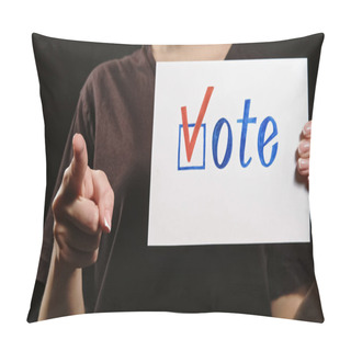 Personality  Vote Election. Political Campaign. Civil Responsibility. Unrecognizable Woman Hand Agitating To Choose Candidate Pointing Finger With Poll Check Mark Ballot On Dark Copy Space. Pillow Covers