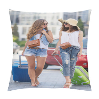 Personality  Women Traveling With Suitcases, Walking On The Road To The Airport Pillow Covers