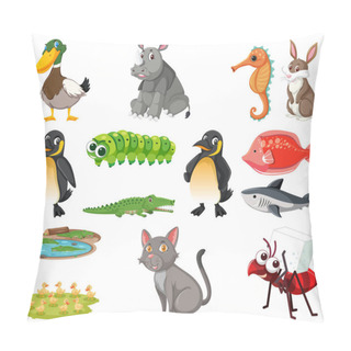 Personality  Large Set Of Different Types Of Animals On White Background Illustration Pillow Covers