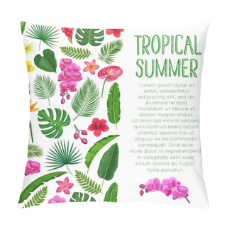 Personality  Vector Tropical Layout Page Design. Exotic Paradise Template Page Design With Jungle Exotic Leaf Monstera, Areca Palm, Royal Fern And Plumeria. Strelitzia, Anthurium, Orchid And Ginger Flower. Pillow Covers