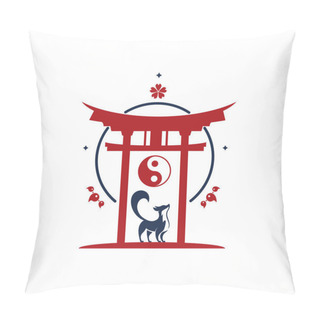 Personality  Japanese Torii Gate With Fox, Yin Yang, Blossom Flower, Magatama. Symbol Of Japan, Shintoism Religion. Red Wooden Sacred Tori Arch. Ancient Entrance, Eastern Heritage And Landmark. Oriental Religious Architecture Pillow Covers
