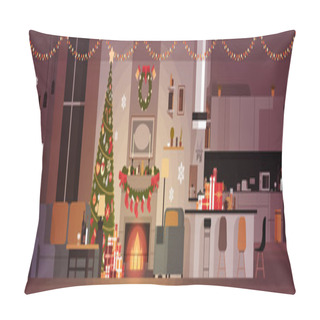 Personality  Living Room Decorated For Christmas And New Year Horizontal Banner Pine Tree , Fireplace And Garlands Holidays Home Interior Pillow Covers