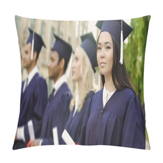 Personality  Asian Graduate Student With Diploma, Smiling Into Camera, International Studies Pillow Covers