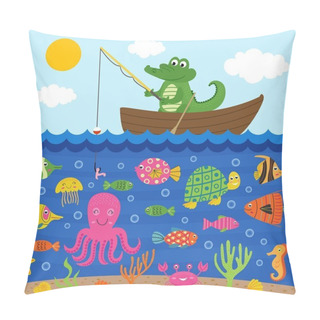 Personality  Crocodile  In Boat Catches Fish   Pillow Covers