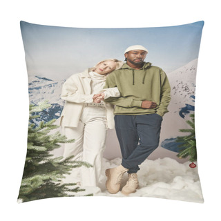 Personality  Full Length Of Stylish Interracial Couple In Winter Attire Standing Together With Mountain Backdrop Pillow Covers