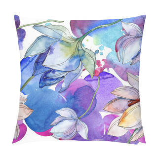 Personality  Blue And Purple Lotuses With Leaves. Watercolor Illustration Set. Seamless Background Pattern. Fabric Wallpaper Print Texture. Pillow Covers
