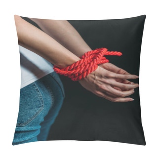 Personality  Partial View Of Woman With Tied Hands Isolated On Black Pillow Covers