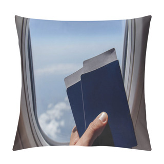 Personality  Cropped View Of Man Holding Passports And Air Tickets Near Plane Porthole Pillow Covers