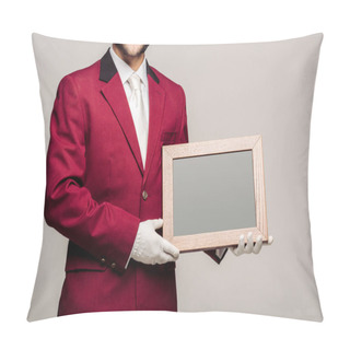 Personality  Cropped Shot Of Young Horseman In Uniform Holding Blank Chalkboard Isolated On Grey Pillow Covers