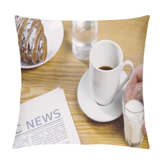 Personality  Cropped View Of Man Taking Glass Of Milk Near Cup Of Coffee, Newspaper And Croissant  Pillow Covers