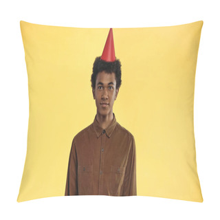 Personality  African American Teenage Boy In Party Cap Isolated On Yellow Pillow Covers