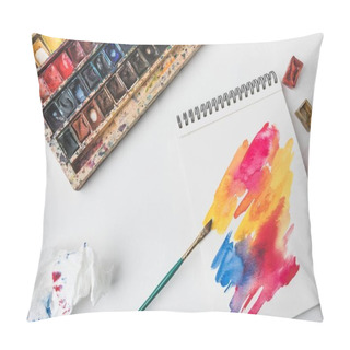 Personality  Top View Of Watercolor Paints And Paintbrush At Designer Workplace Pillow Covers