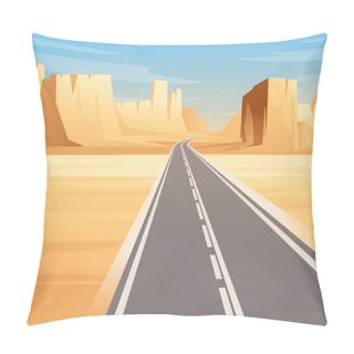 Personality  Road To Highway In Desert Landscape With Empty Road And Flat Mountains Sunny Day With Clear Sky Vector Illustration Pillow Covers