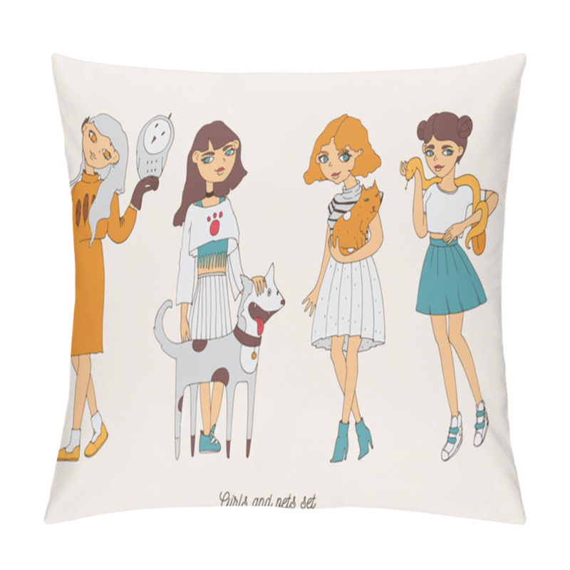 Personality  Hand drawn girls characters with cute pets as dog, cat, snake and owl. Home lovely pets with loving owners. Pets and owners are similar to each other. pillow covers