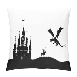 Personality  Black Silhouette Of Dragon And Knight On White Background. Landscape With Castle. Fantasy Battle Pillow Covers