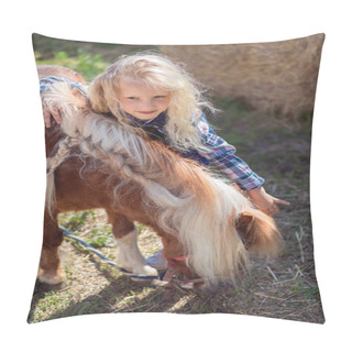 Personality  Preteen Child Hugging Cute Pony At Farm Pillow Covers