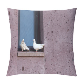 Personality  Two White Doves Are Sitting On A Stone Window Sill. The Building Is Made Of Red Tuff, With Two Doves Sitting On Its Window. Pillow Covers