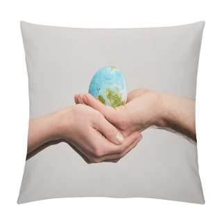 Personality  Man And Woman Holding Planet Model On Grey Background, Earth Day Concept Pillow Covers