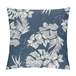 Personality  Blue Hibiscus Flowers Tropical Leaves Wallpaper Grunge Hawaiian Style Vector Floral Seamless Pattern Pillow Covers