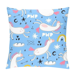 Personality  Seamless Pattern With Cartoon Unicorns, Rainbows, Clouds, Decor Elements On A Neutral Background. Magic. Colorful Vector Flat Style For Kids. Animals. Hand Drawing. Baby Design For Fabric, Print, Wrapper, Textile Pillow Covers