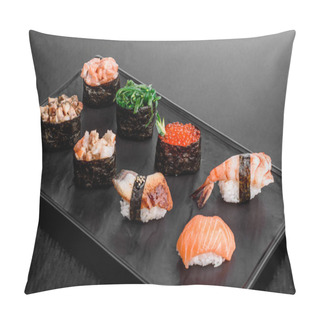 Personality  Gunkan And Sushi Set With Salmon, Eel, Shrimp, Chukka And Chicken On A Black Plate On A Dark Background. Isolated. Close Up.  Pillow Covers