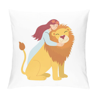 Personality  Girl Hugs A Lion. Vector Cartoon Illustration. Pillow Covers