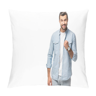 Personality  Excited Man Gesturing With Clenched Fist Isolated On White With Copy Space Pillow Covers