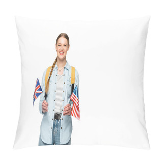 Personality  Happy Girl With Braid And Backpack Holding Flags Of America And United Kingdom Isolated On White Pillow Covers