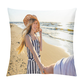 Personality  Partial View Of Smiling Woman Holding Boyfriends Hand While Walking On Sandy Beach Pillow Covers