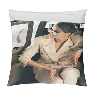 Personality  Attractive Young Woman In Sunglasses And Jacket Sitting In Airplane  Pillow Covers