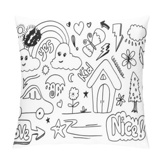 Personality  Hand-drawn Cute Doodle Set On White Background. Doodle Design Elements.doodle Kids For Decoration And Coloring Page. Pillow Covers