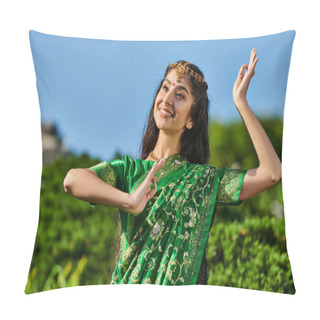 Personality  Pretty Young Indian Woman In Traditional Sari Dancing In Blurred Park With Blue Sky On Background Pillow Covers