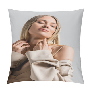 Personality  Portrait Of Smiling Blonde Woman In Formal Suit Touching Her Chin On Grey Background, Fashion Pillow Covers