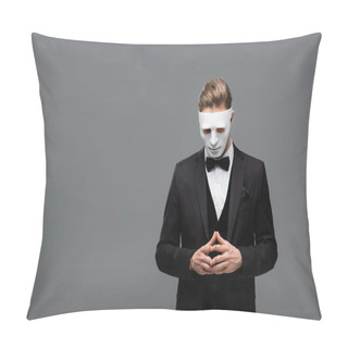 Personality  Businessman In Face Mask Standing With Joined Fingers Isolated On Grey Pillow Covers