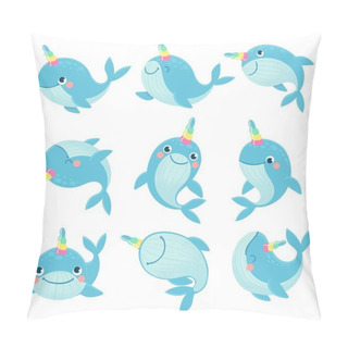 Personality  Whale Unicorn. Cute Marine Inhabitants Colorful Adorable Whales Unicorns, Funny Animals Childrens Anime Creatures, Cartoon Vector Characters Pillow Covers