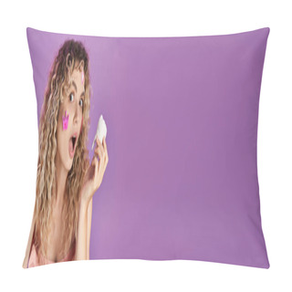 Personality  Amazed Curly Haired Woman With Face Stickers Holding Tooth And Looking Shocked At Camera, Banner Pillow Covers